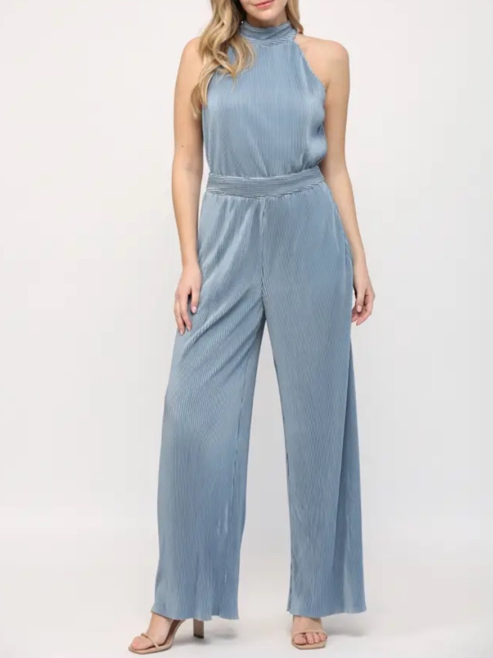 Fate Steel Blue Pleated Halter Jumpsuit